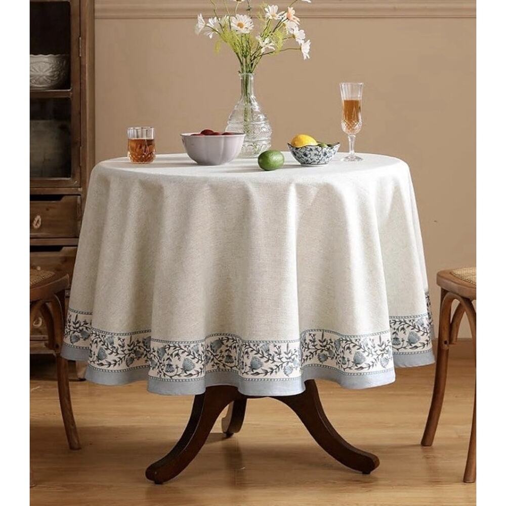 ISAENNE Designer Linen Elegant Round Tablecloth Chinoiserie Floral
